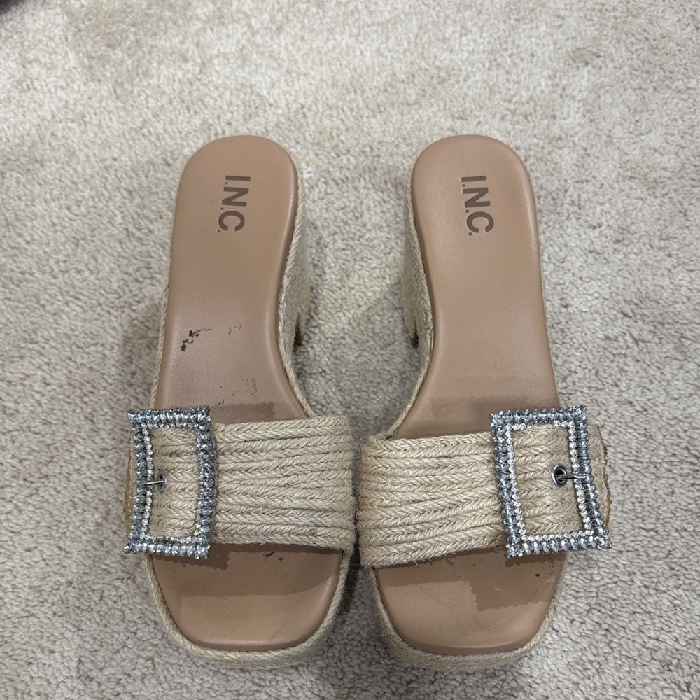INC International Concepts Tan Jute Slide Sandals with Rhinestone Buckle Accent
